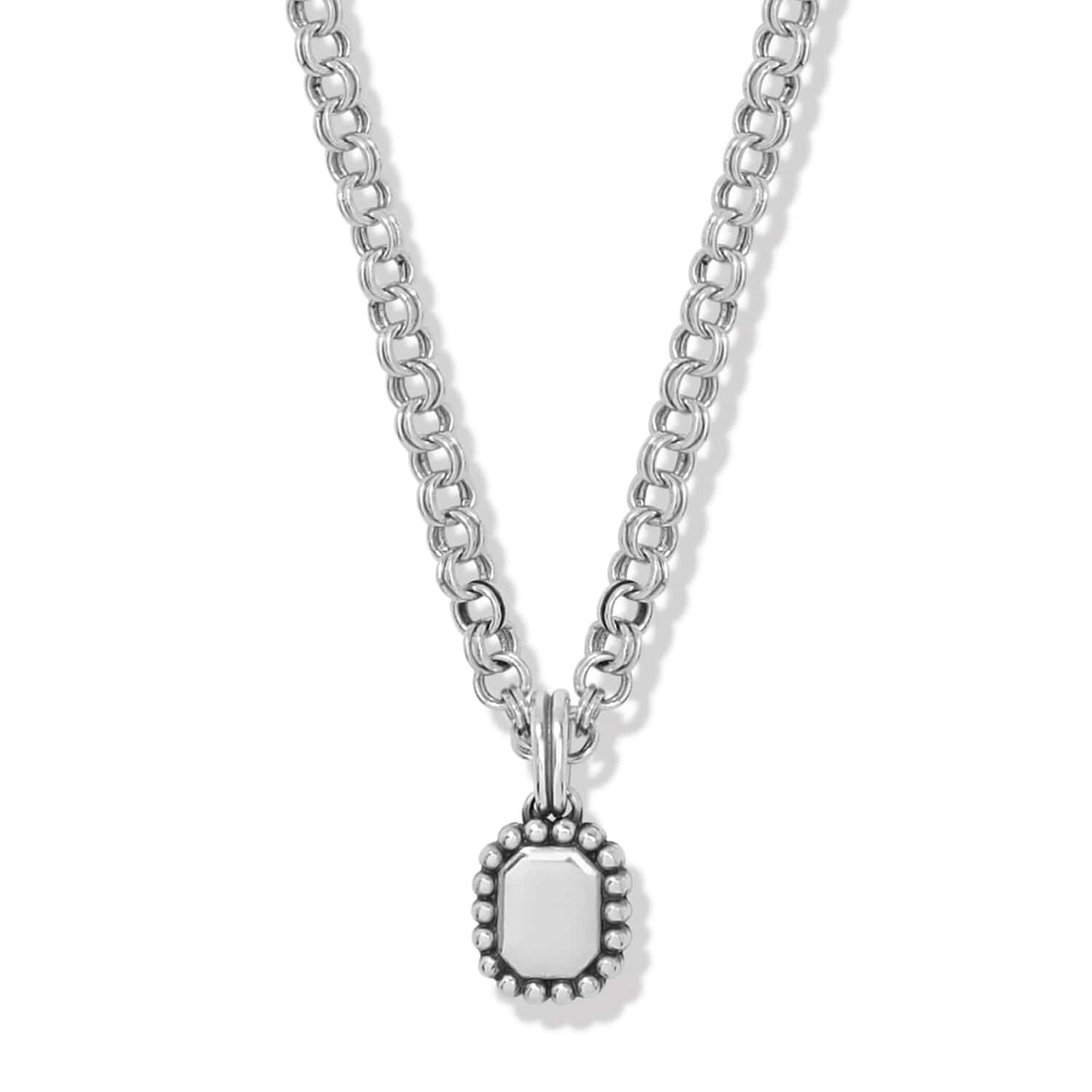 Brighton pendant necklace with silver-plated rolo chain and small beaded-edge rectangular charm on a white background