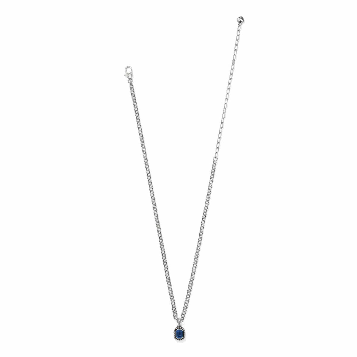 Brighton silver-plated pendant necklace with blue crystal and beaded frame on a white background