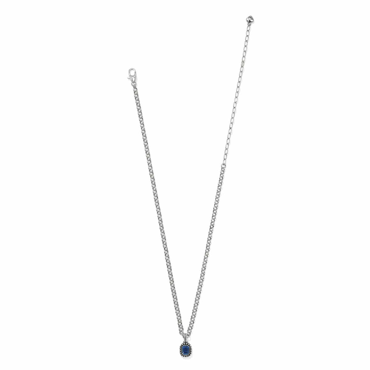 Brighton pendant necklace with small blue crystal, silver-plated chain, and lobster clasp on a white background