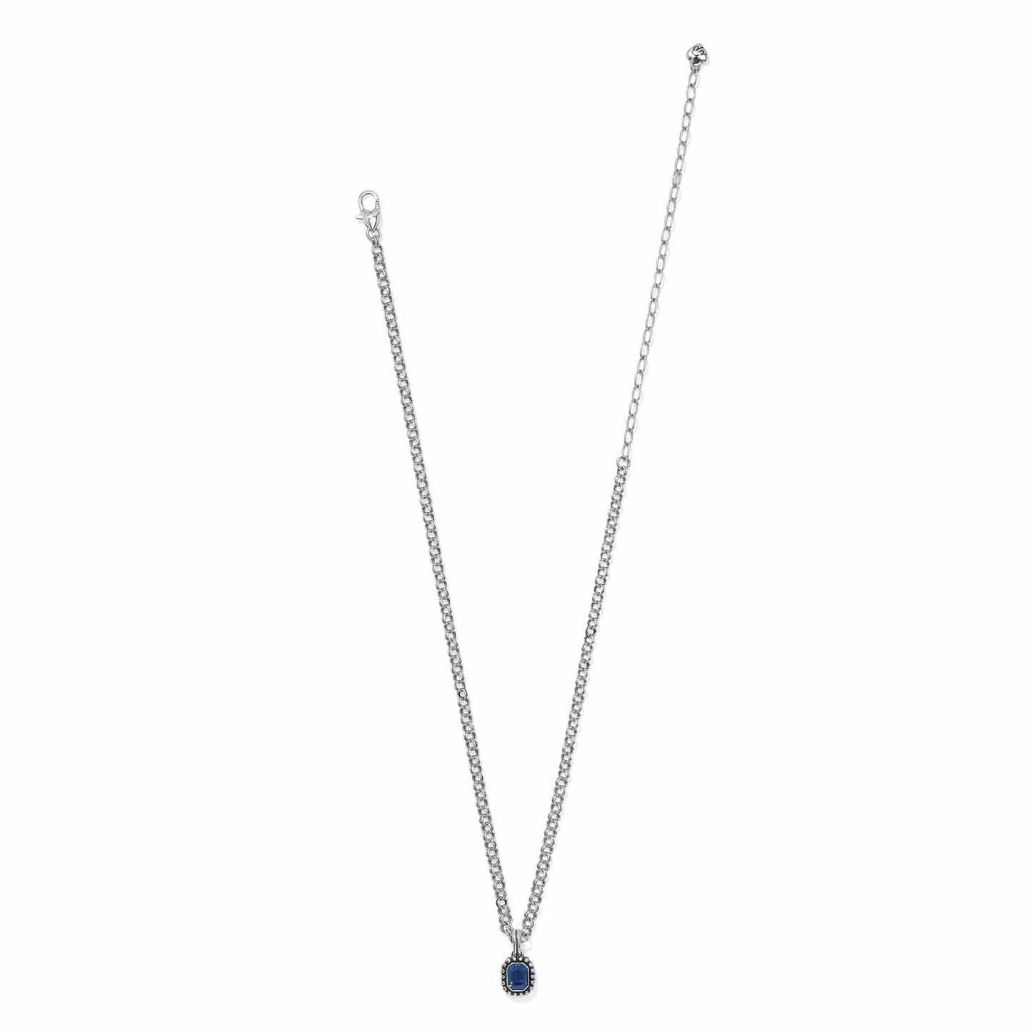 Brighton pendant necklace with small blue crystal, silver-plated chain, and lobster clasp on a white background