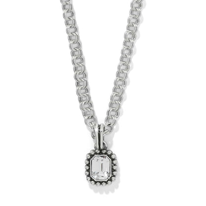 Brighton pendant necklace with emerald-cut crystal in beaded silver-plated frame on rolo chain on a white background