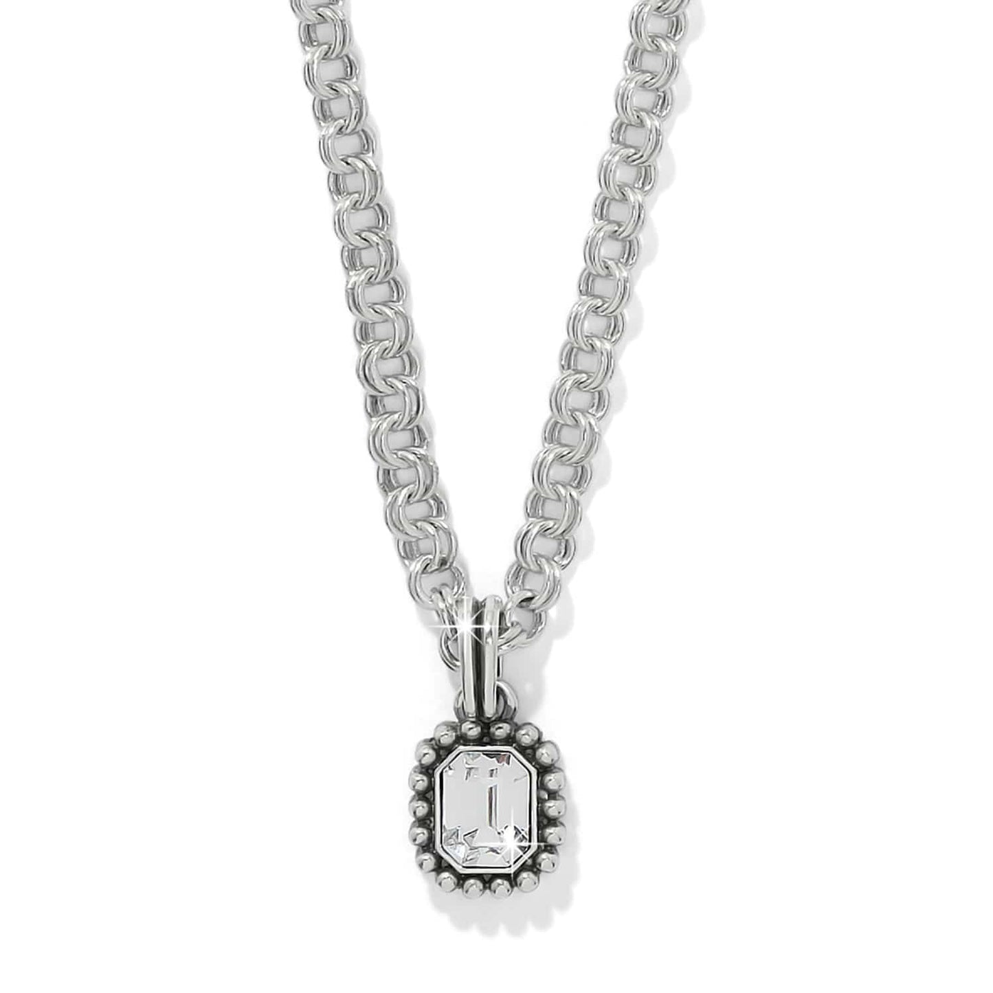 Brighton pendant necklace with emerald-cut crystal in beaded silver-plated frame on rolo chain on a white background