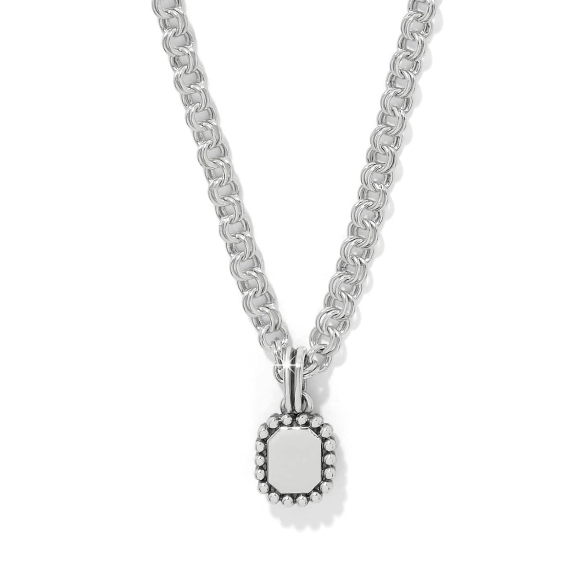 Brighton pendant necklace with silver-plated rolo chain and beaded-edge rectangular charm on a white background