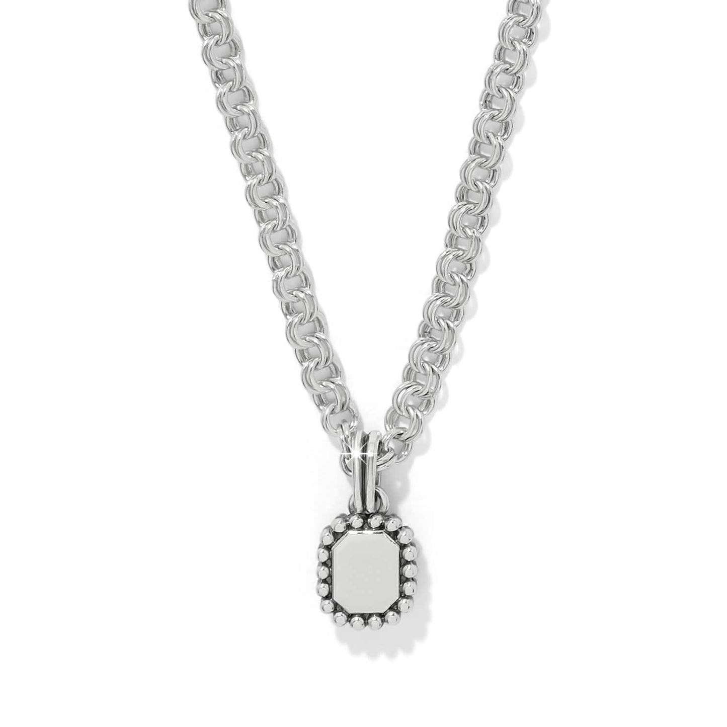 Brighton pendant necklace with silver-plated rolo chain and beaded-edge rectangular charm on a white background