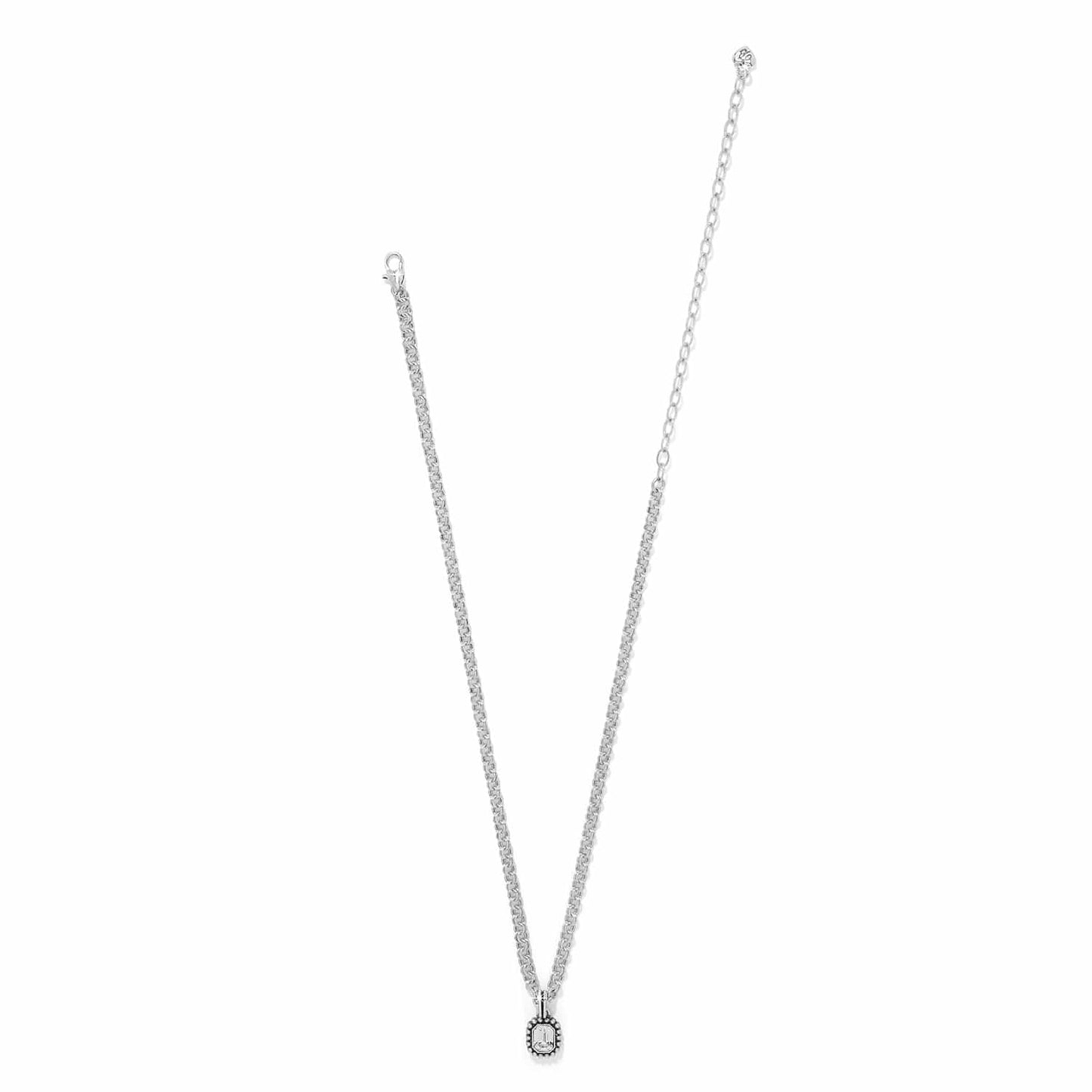 Brighton silver-plated pendant necklace with small rectangular crystal and beaded frame on a white background