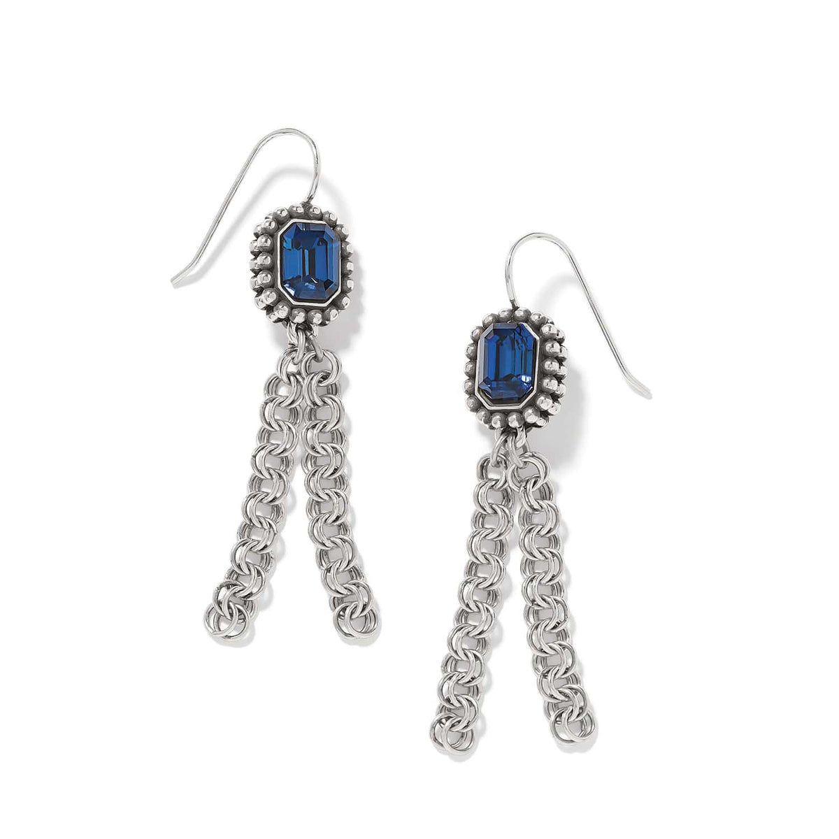 Brighton drop earrings with blue crystals and silver-plated beaded frames with dangling chain tassels on a white background