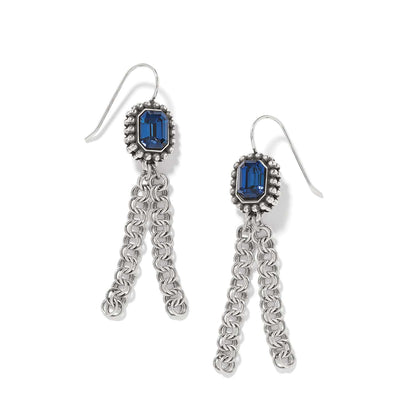 Brighton drop earrings with blue crystals and silver-plated beaded frames with dangling chain tassels on a white background