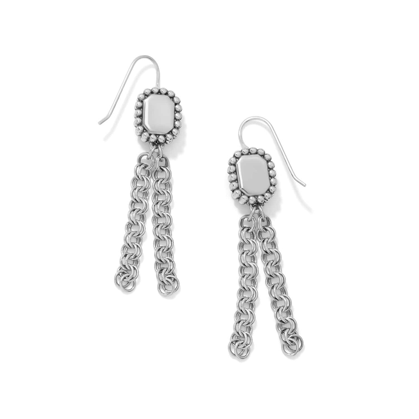Brighton drop earrings with silver-plated beaded rectangular tops and dangling double chain tassels on a white background