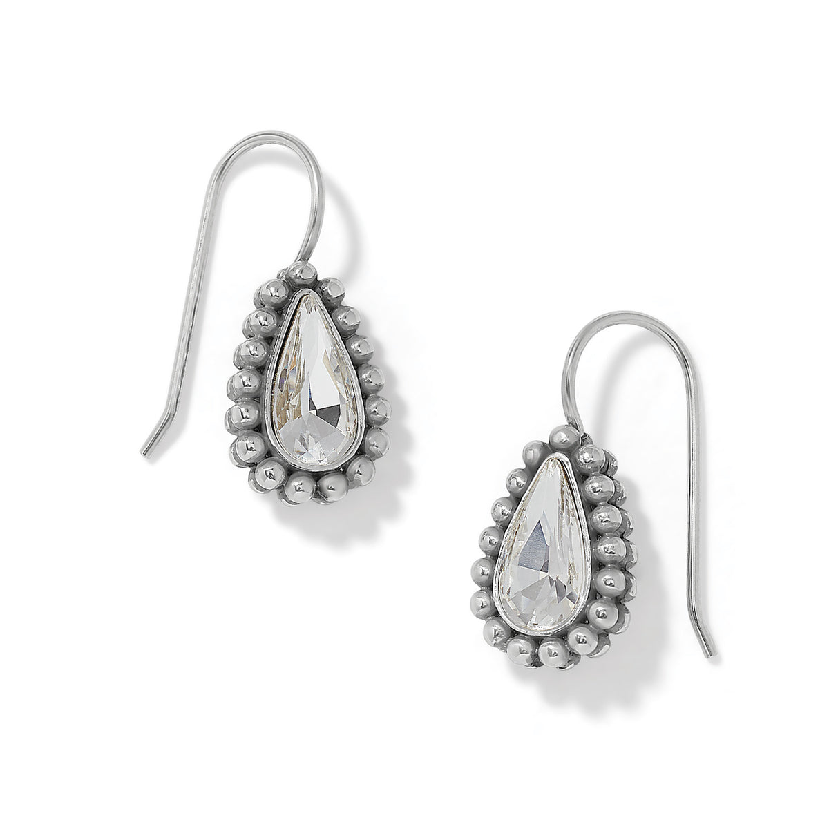 Brighton drop earrings with teardrop crystals framed by silver-plated beaded borders and hook wires on a white background