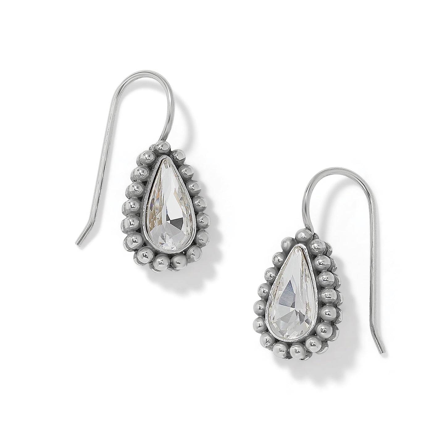 Brighton drop earrings with teardrop crystals framed by silver-plated beaded borders and hook wires on a white background