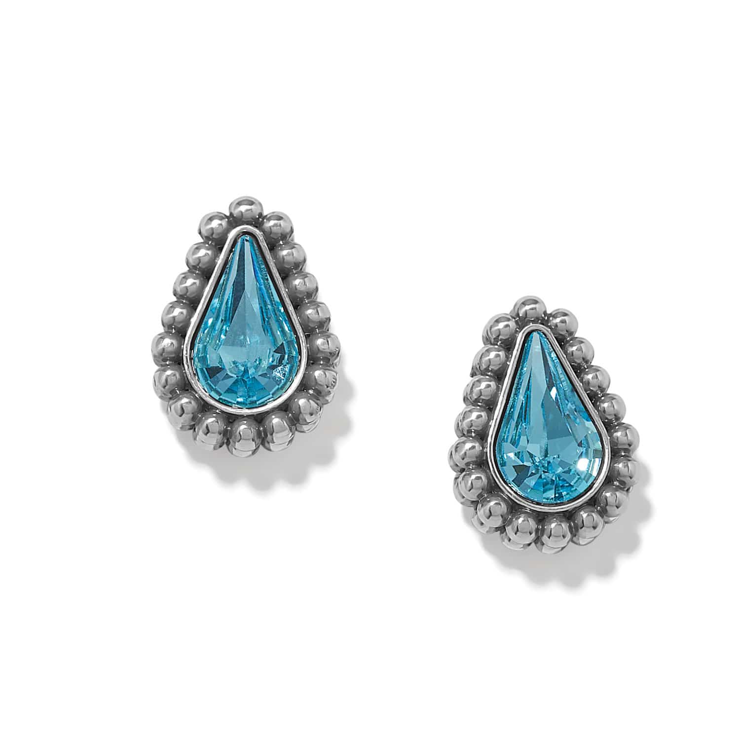 Brighton teardrop stud earrings with aqua crystals and silver-plated beaded borders on a white background