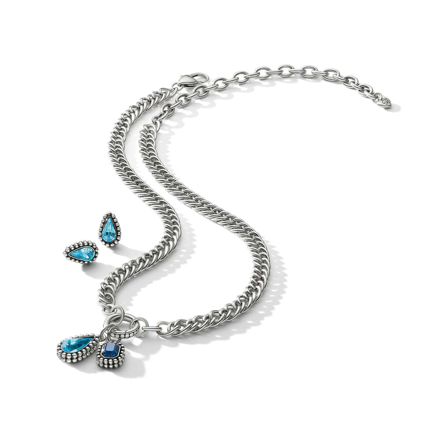 Brighton silver-plated chain necklace with blue crystal teardrop pendants and matching stud earrings on a white background