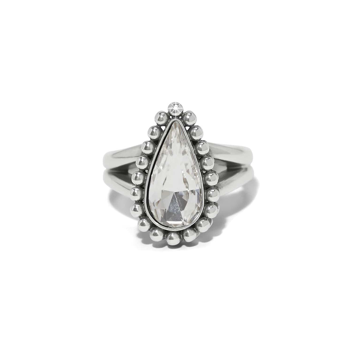 Brighton ring with teardrop crystal centerpiece, silver-plated beaded halo, and split shank band on a white background