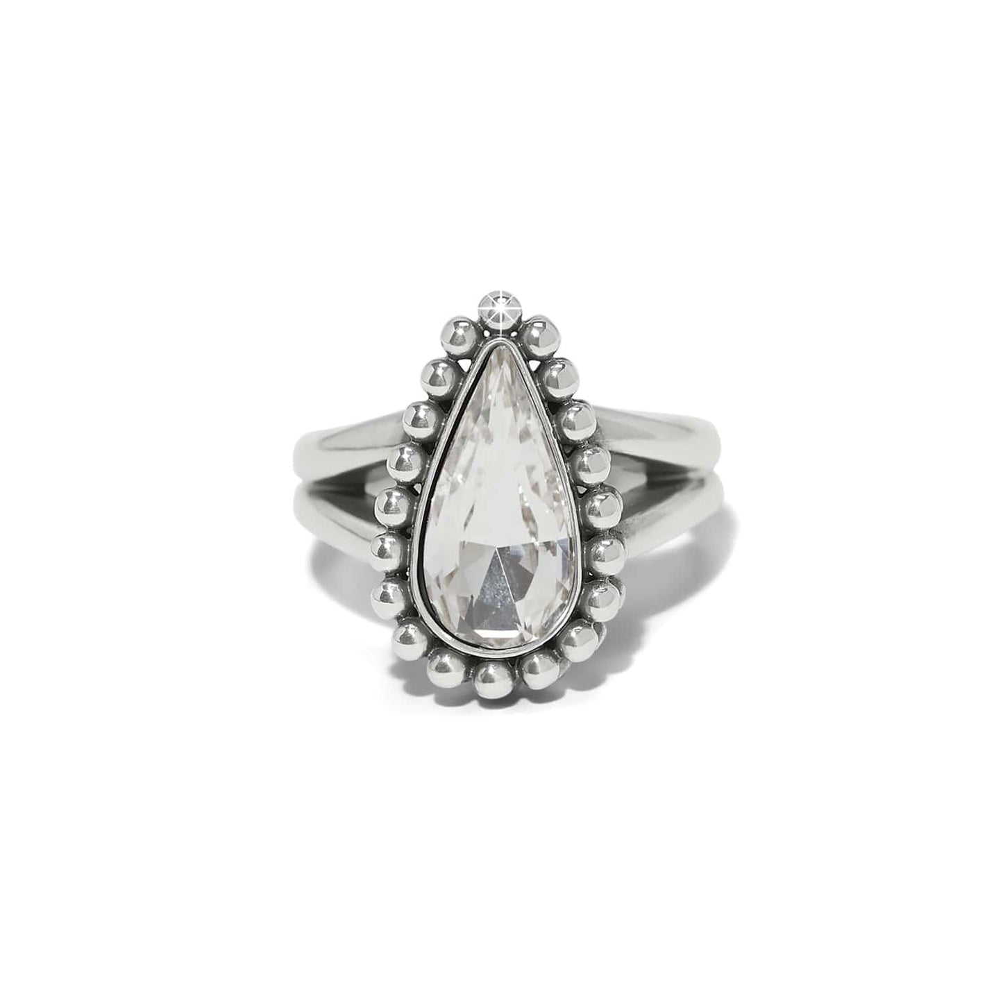 Brighton ring with teardrop crystal centerpiece, silver-plated beaded halo, and split shank band on a white background