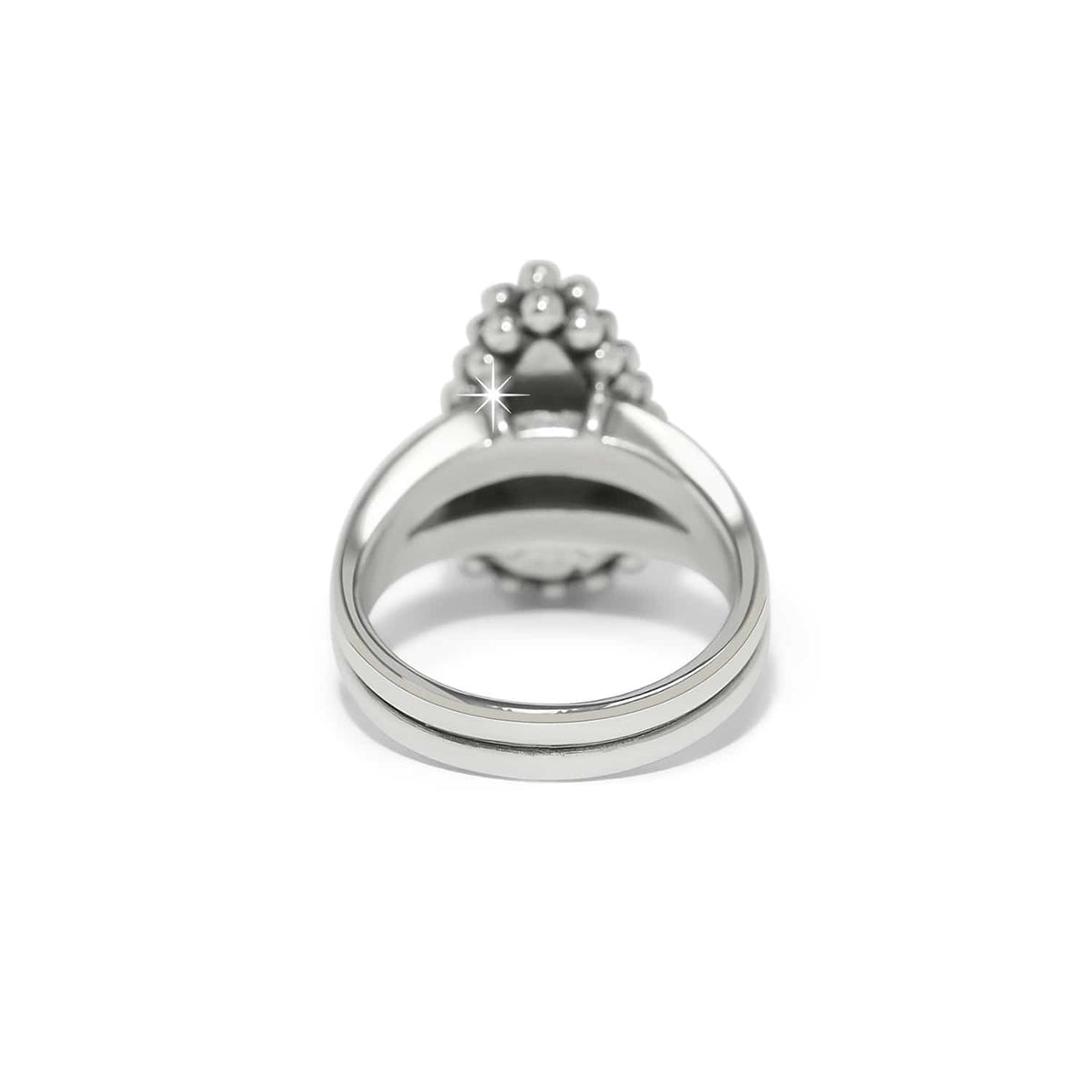 Brighton silver-plated ring shown from the back with crystal-embellished cluster top and double band on a white background