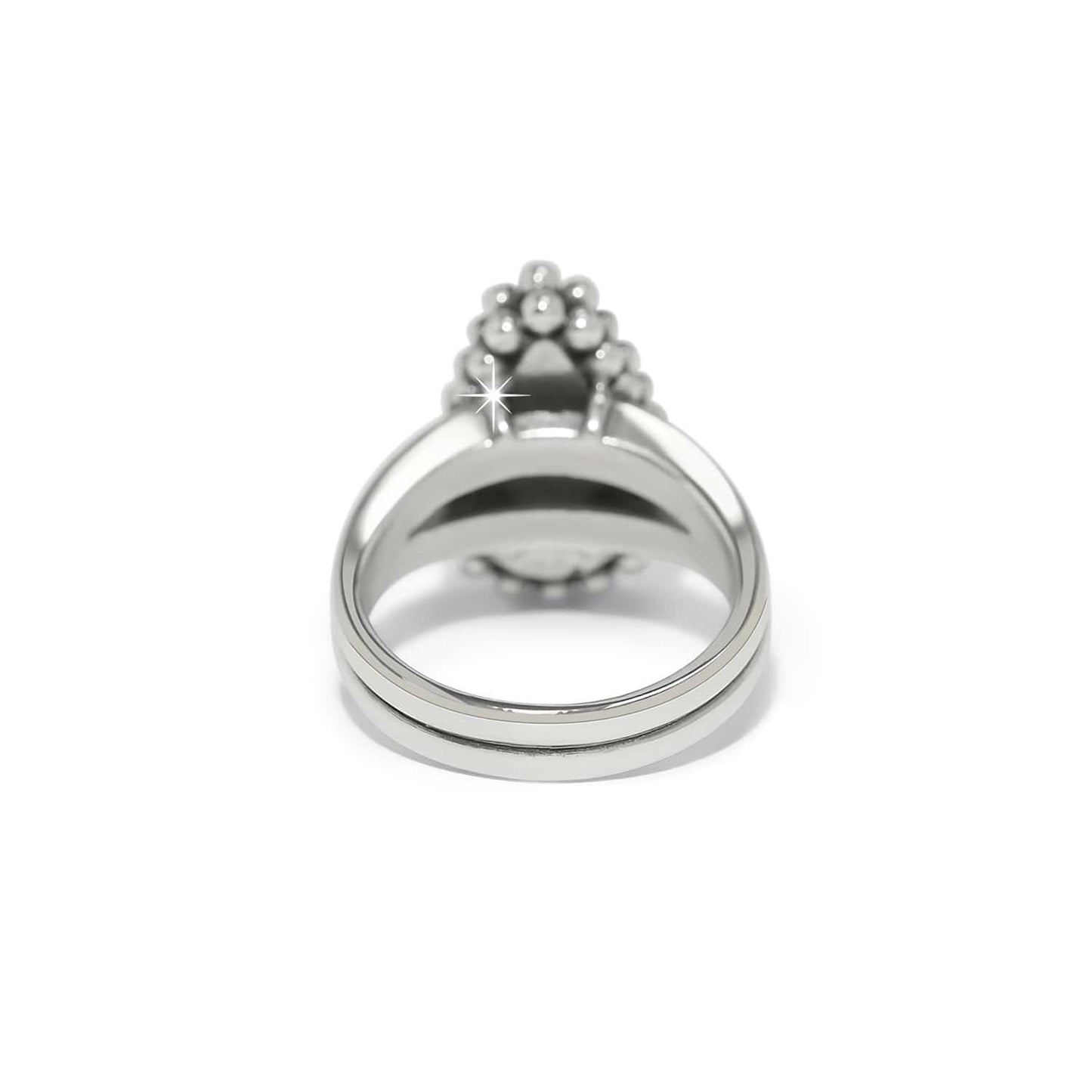Brighton silver-plated ring shown from the back with crystal-embellished cluster top and double band on a white background