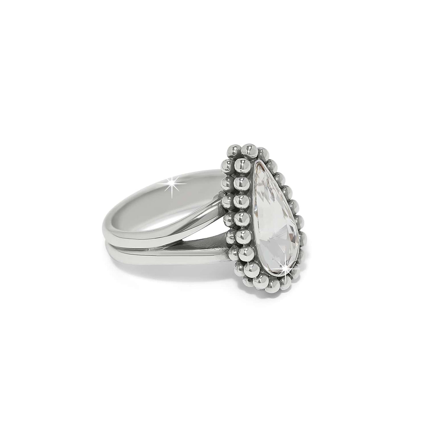 Brighton ring with pear-shaped crystal centerpiece, silver-plated beaded halo, and split shank band on a white background