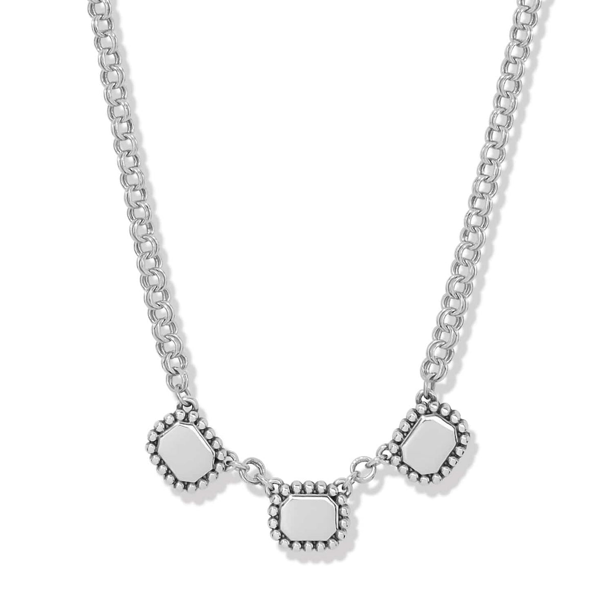 Brighton silver-plated necklace with three octagonal stations and beaded edge detail on rolo chain on a white background