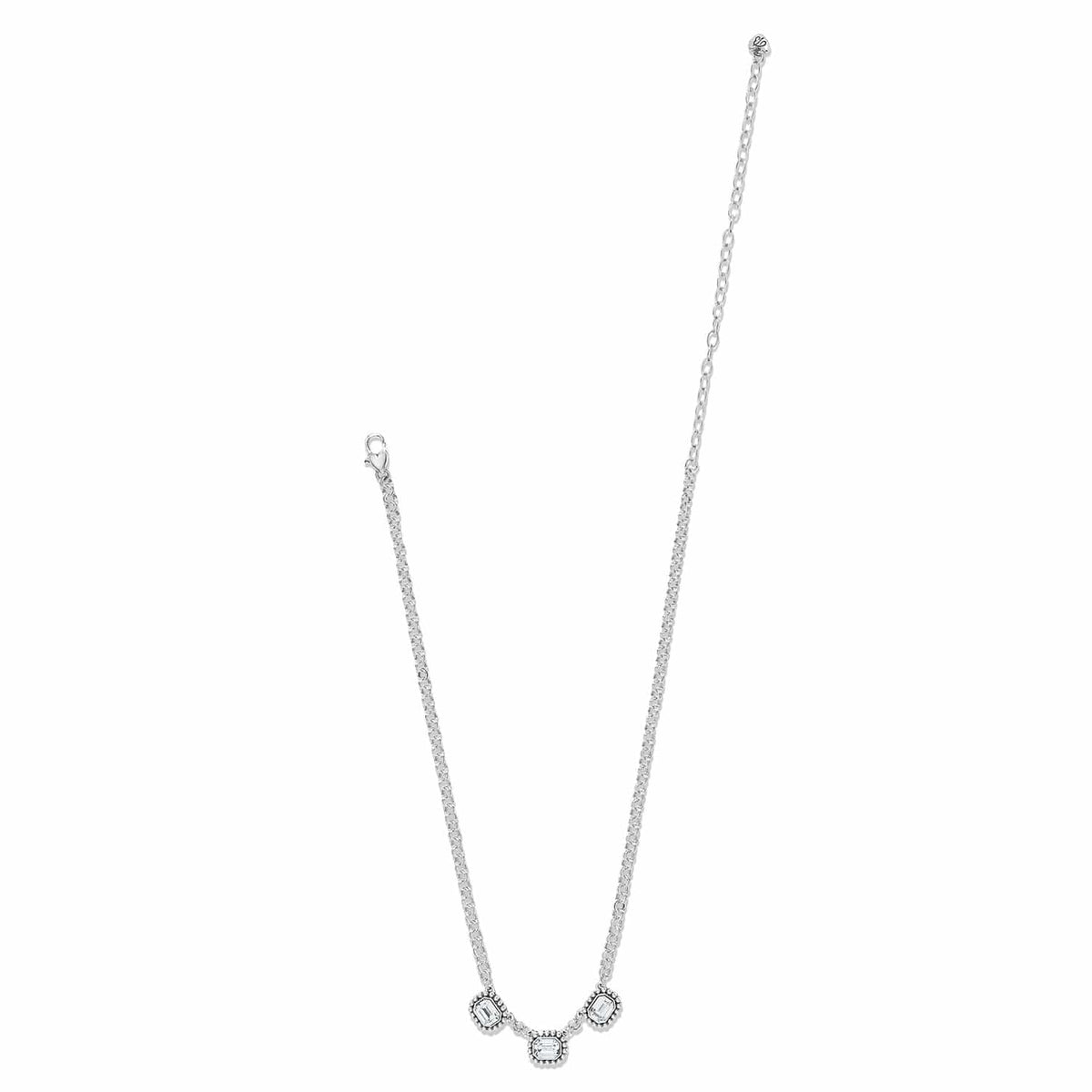 Brighton silver-plated necklace with three rectangular crystal stations and beaded frames on a white background