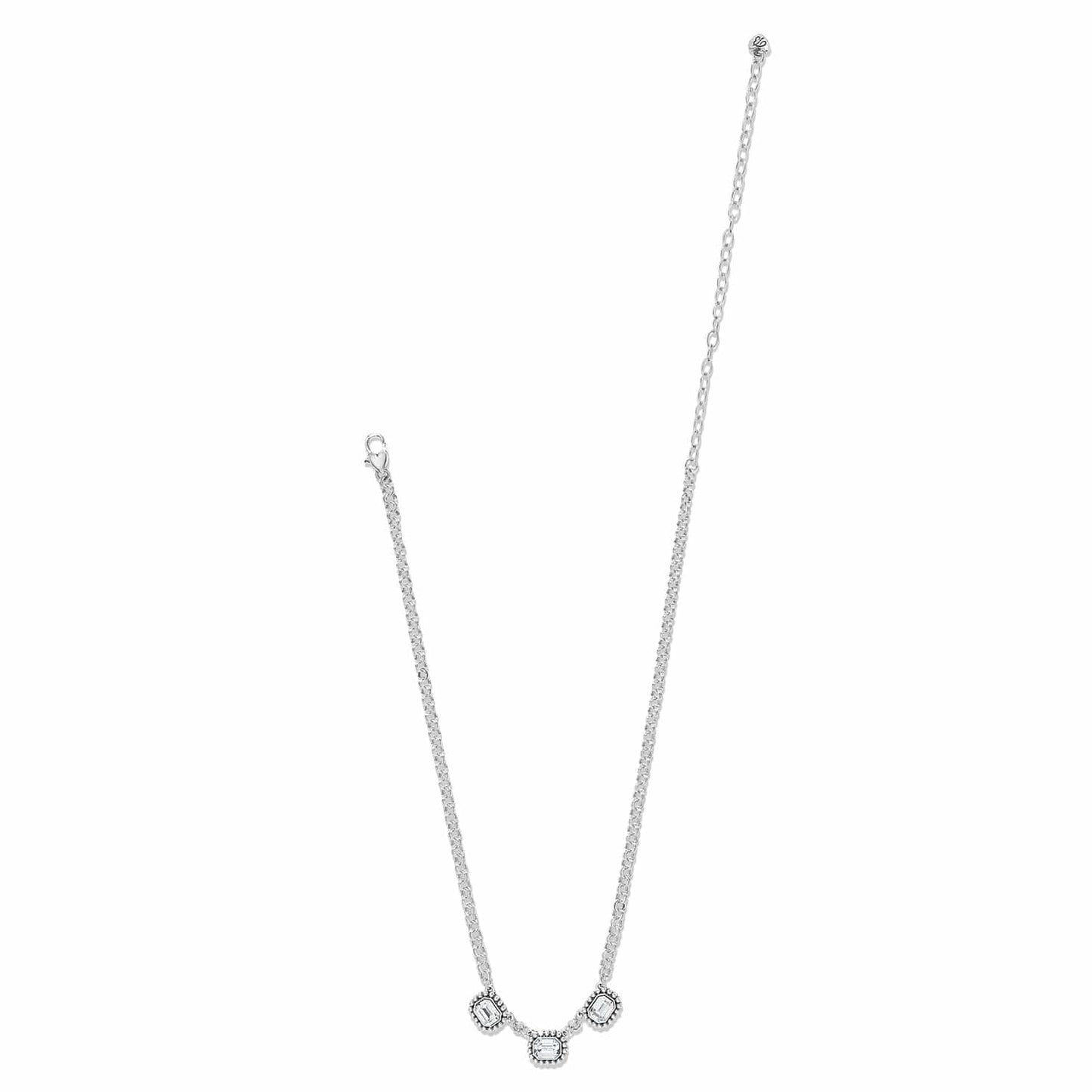 Brighton silver-plated necklace with three rectangular crystal stations and beaded frames on a white background