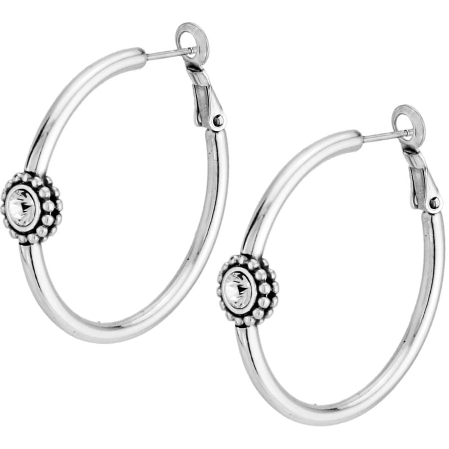 Brighton hoop earrings with silver-plated finish and round crystal medallion accents with beaded trim on a white background