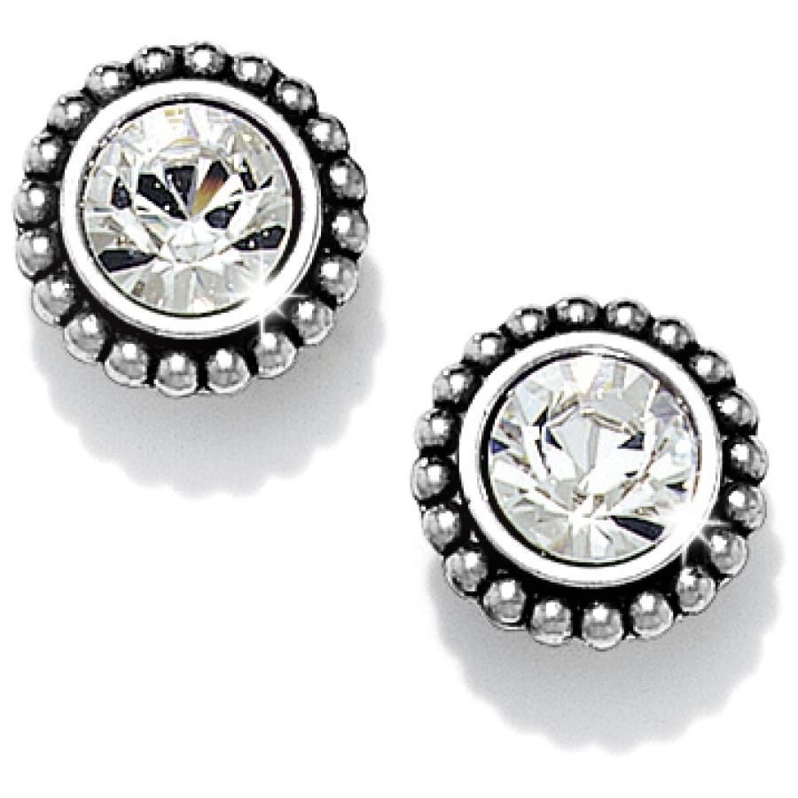 Brighton stud earrings with round crystals surrounded by beaded silver-plated borders on a white background