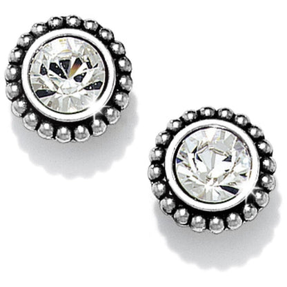 Brighton stud earrings with round crystals surrounded by beaded silver-plated borders on a white background