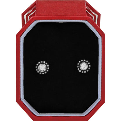 Brighton silver-plated stud earrings with crystal centers and beaded edges displayed in a red gift box