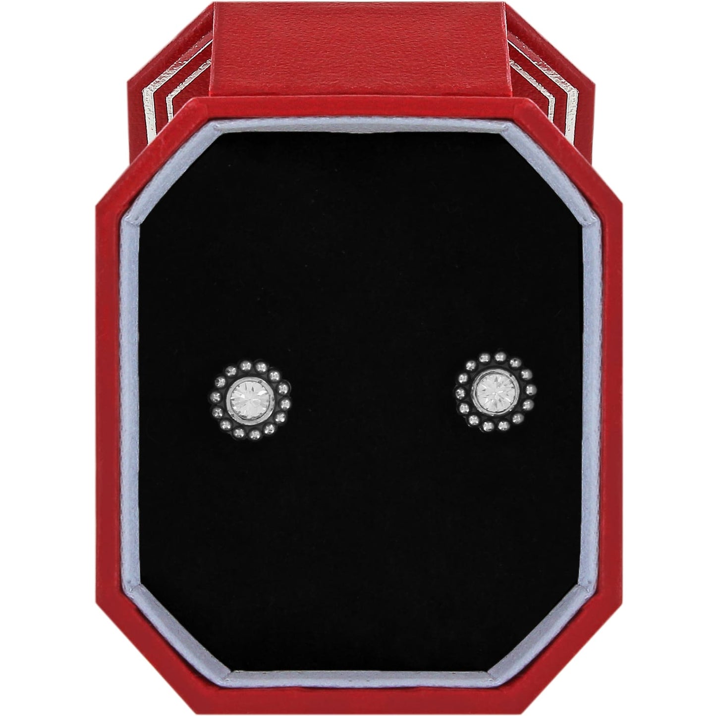 Brighton silver-plated stud earrings with crystal centers and beaded edges displayed in a red gift box