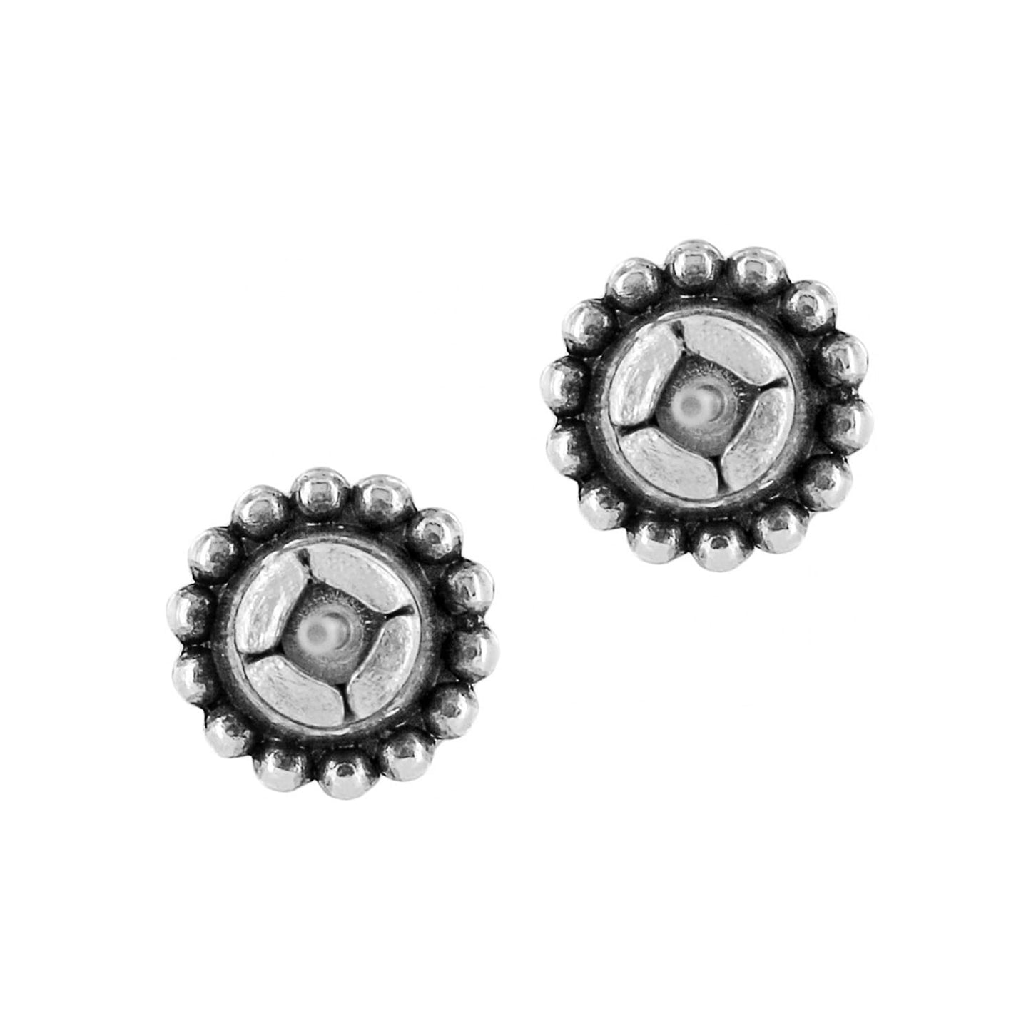 Brighton stud earrings with silver-plated beaded floral design and crystal centers on a white background
