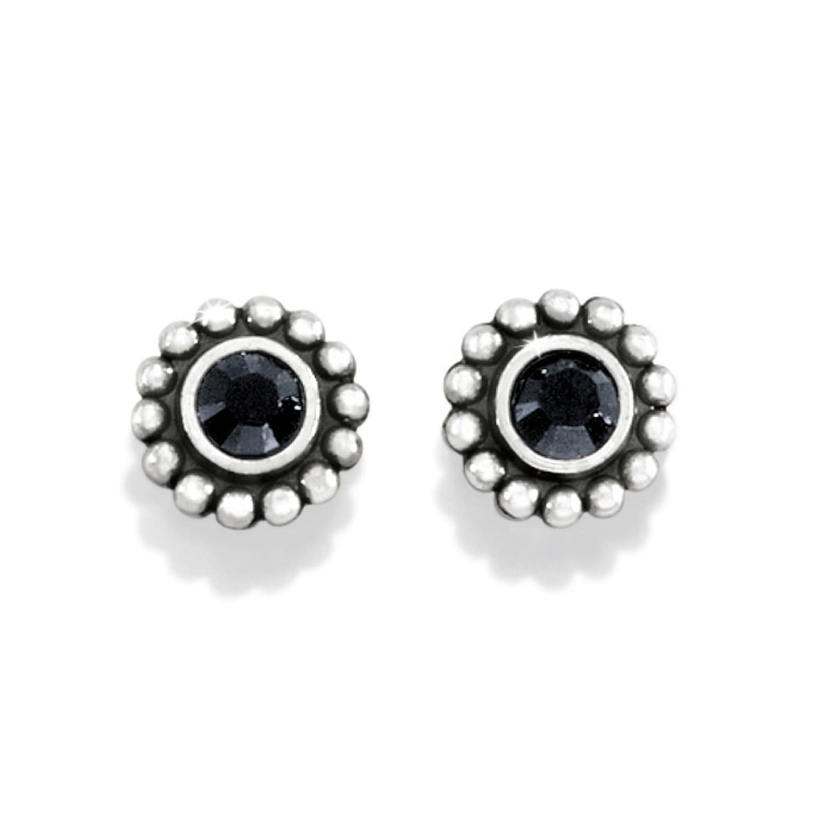 Brighton stud earrings with black crystals and silver-plated beaded edges on a white background
