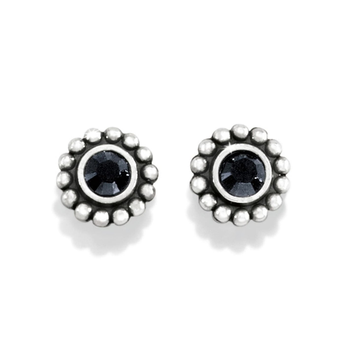 Brighton stud earrings with black crystals and silver-plated beaded edges on a white background