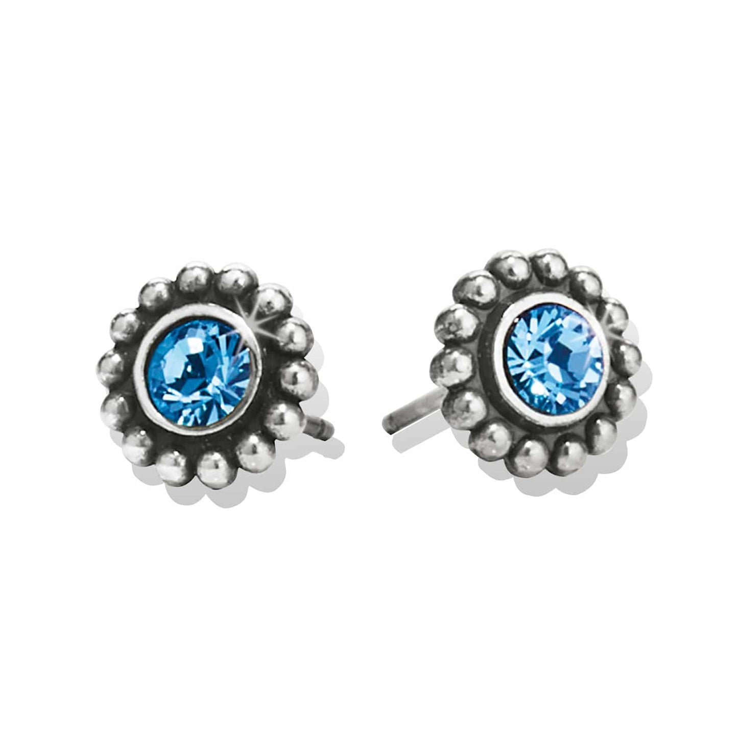 Brighton stud earrings with blue crystal centers and silver-plated beaded borders on a white background