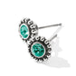 Brighton stud earrings with green crystals and silver-plated beaded edges on a white background