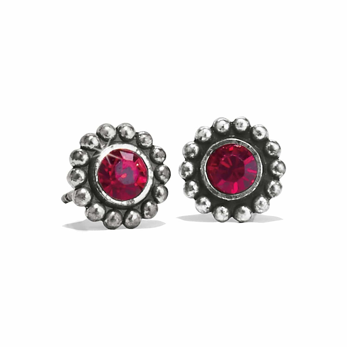 Brighton stud earrings with pink crystals and silver-plated beaded floral borders on a white background