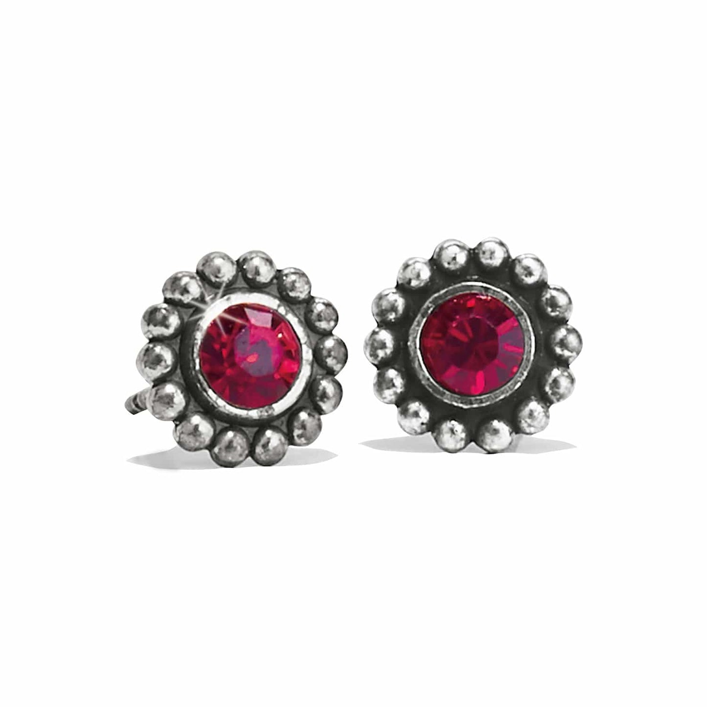 Brighton stud earrings with pink crystals and silver-plated beaded floral borders on a white background