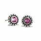 Brighton stud earrings with pink crystals and silver-plated beaded floral borders on a white background