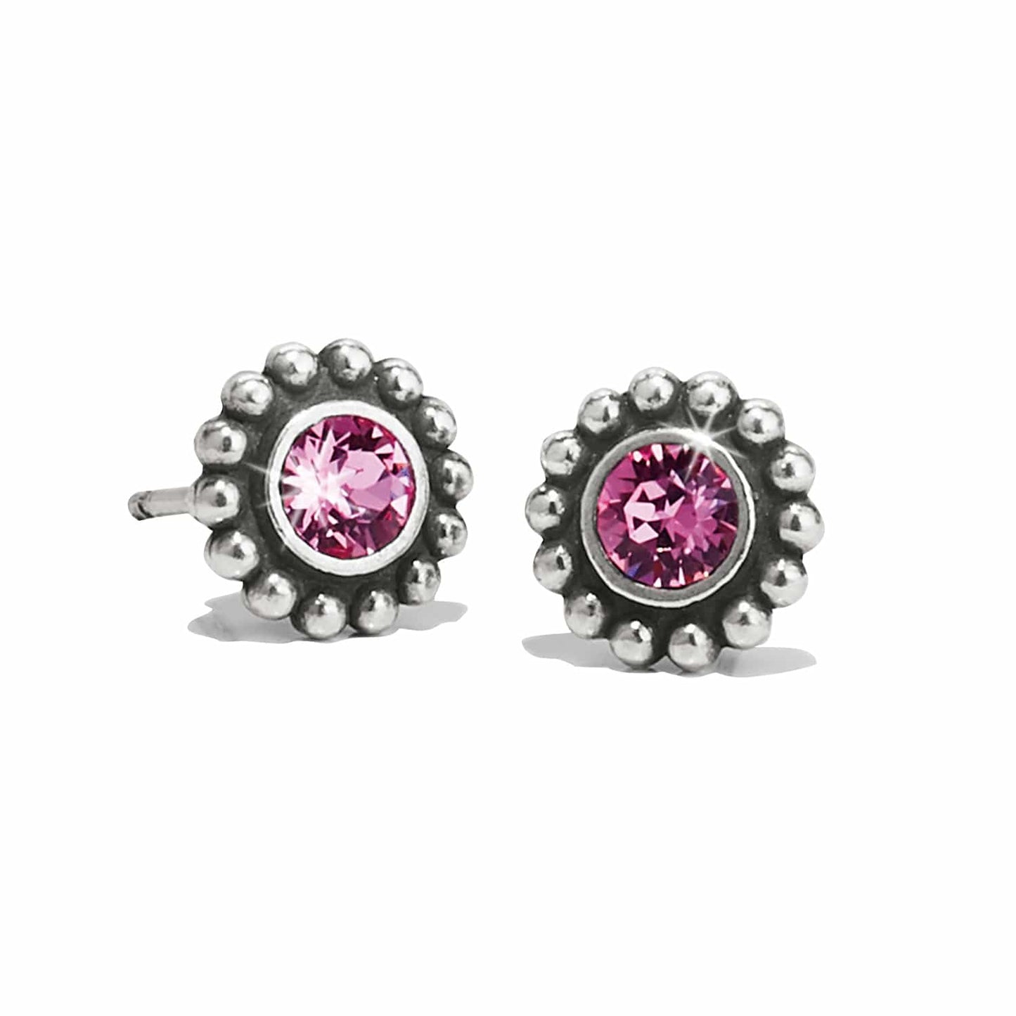 Brighton stud earrings with pink crystals and silver-plated beaded floral borders on a white background