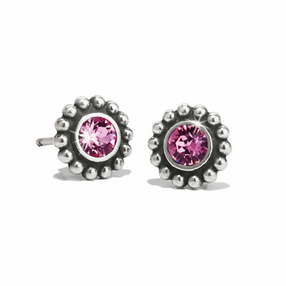 Brighton stud earrings with pink crystals and silver-plated beaded floral borders on a white background