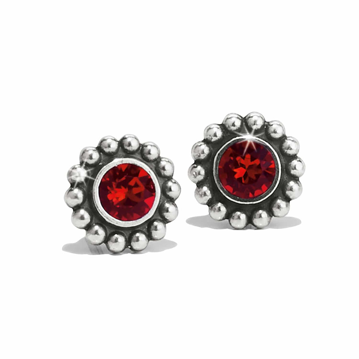 Brighton stud earrings with red crystals and silver-plated beaded floral frames on a white background