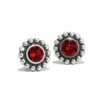 Brighton stud earrings with red crystals and silver-plated beaded floral frames on a white background