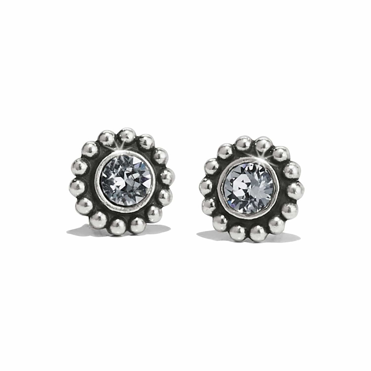 Brighton stud earrings with crystal centers and silver-plated beaded floral borders on a white background