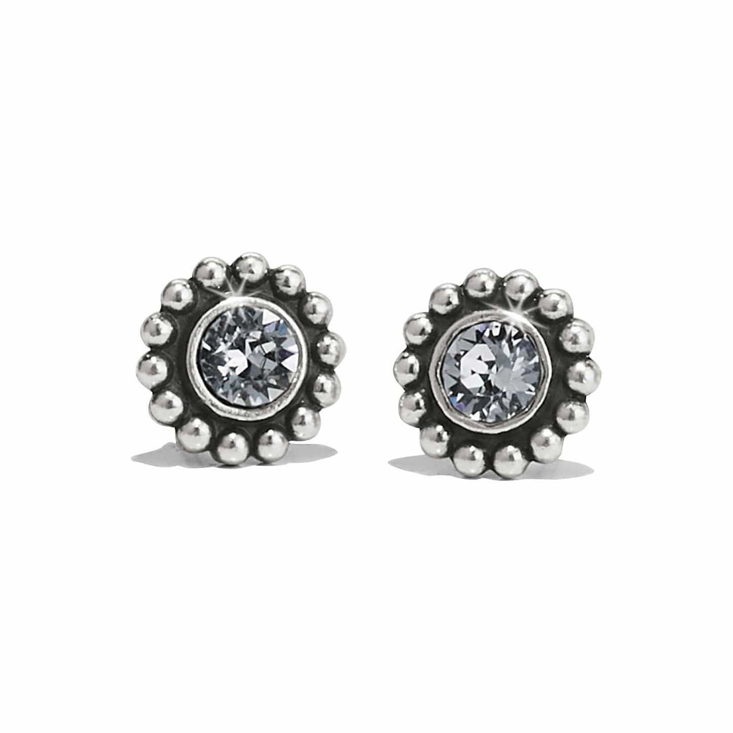 Brighton stud earrings with crystal centers and silver-plated beaded floral borders on a white background