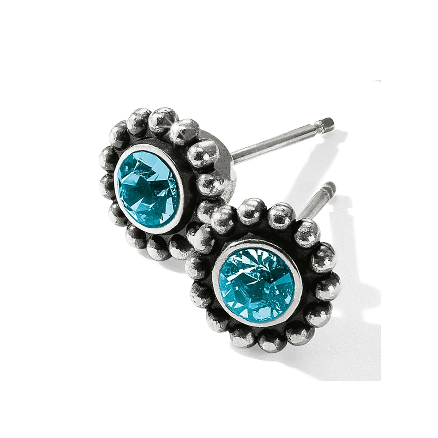 Brighton stud earrings with blue crystals and silver-plated beaded borders on a white background