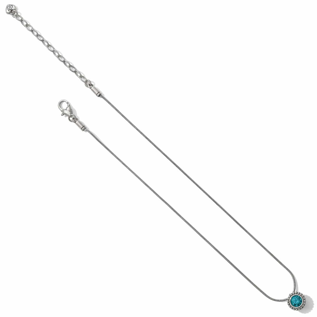 Brighton pendant necklace with blue crystal and silver-plated snake chain with lobster clasp on a white background