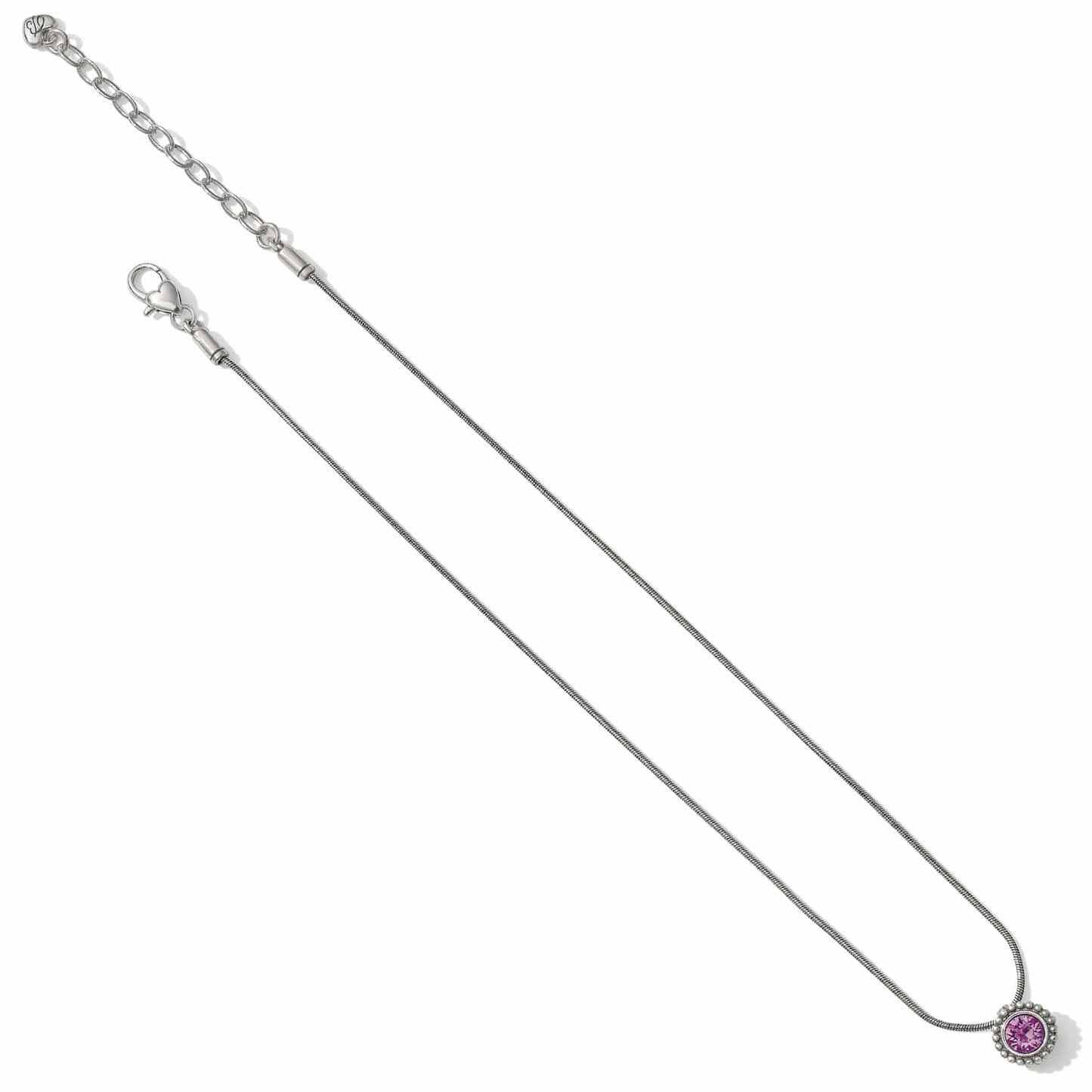 Brighton silver-plated pendant necklace with pink crystal and beaded frame on snake chain on a white background