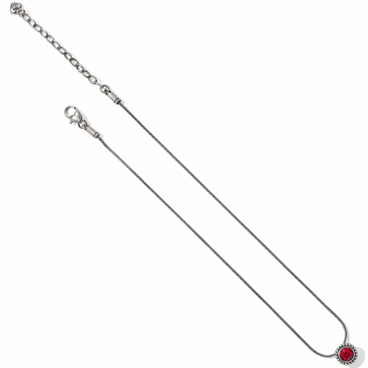 Brighton pendant necklace with red crystal on silver-plated snake chain and adjustable extender on a white background