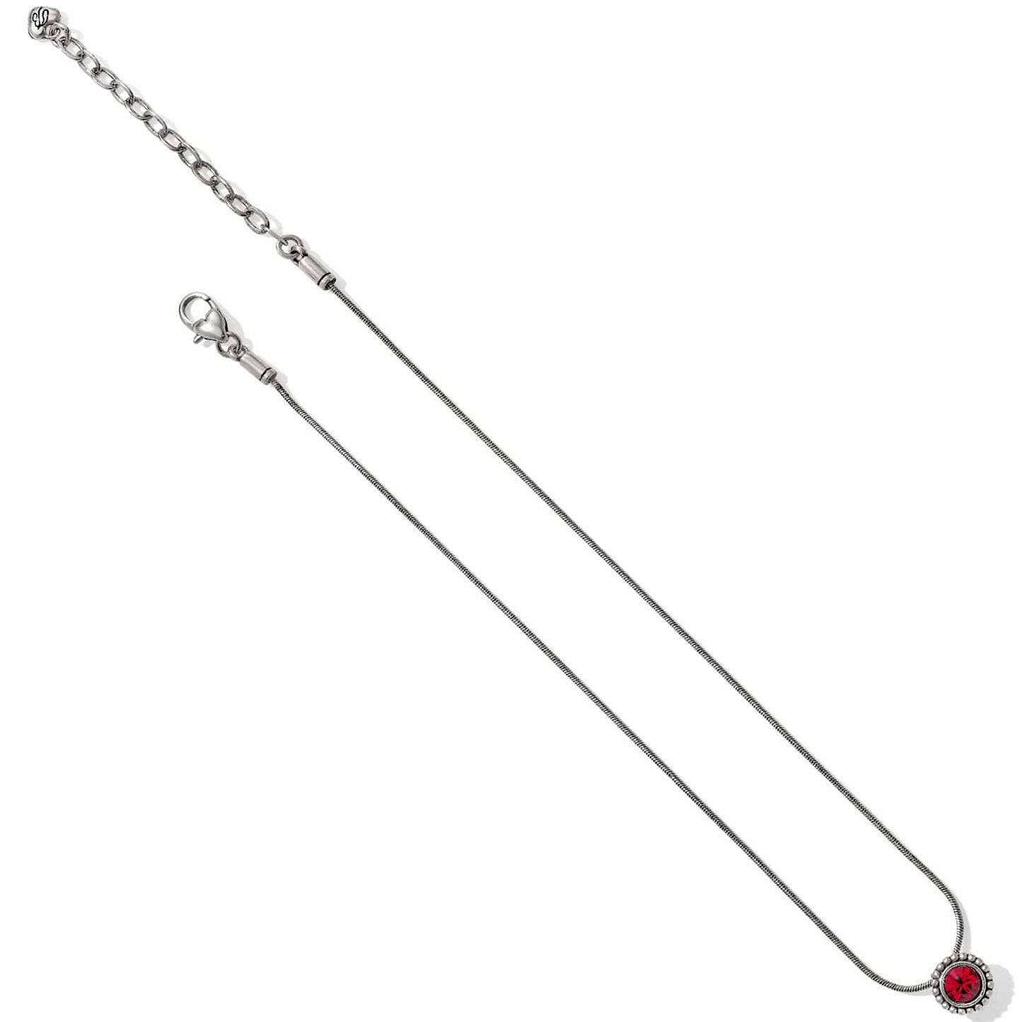 Brighton pendant necklace with red crystal on silver-plated snake chain and adjustable extender on a white background