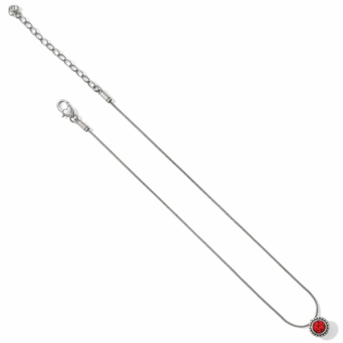Brighton pendant necklace with red crystal and silver-plated snake chain with adjustable extender on a white background