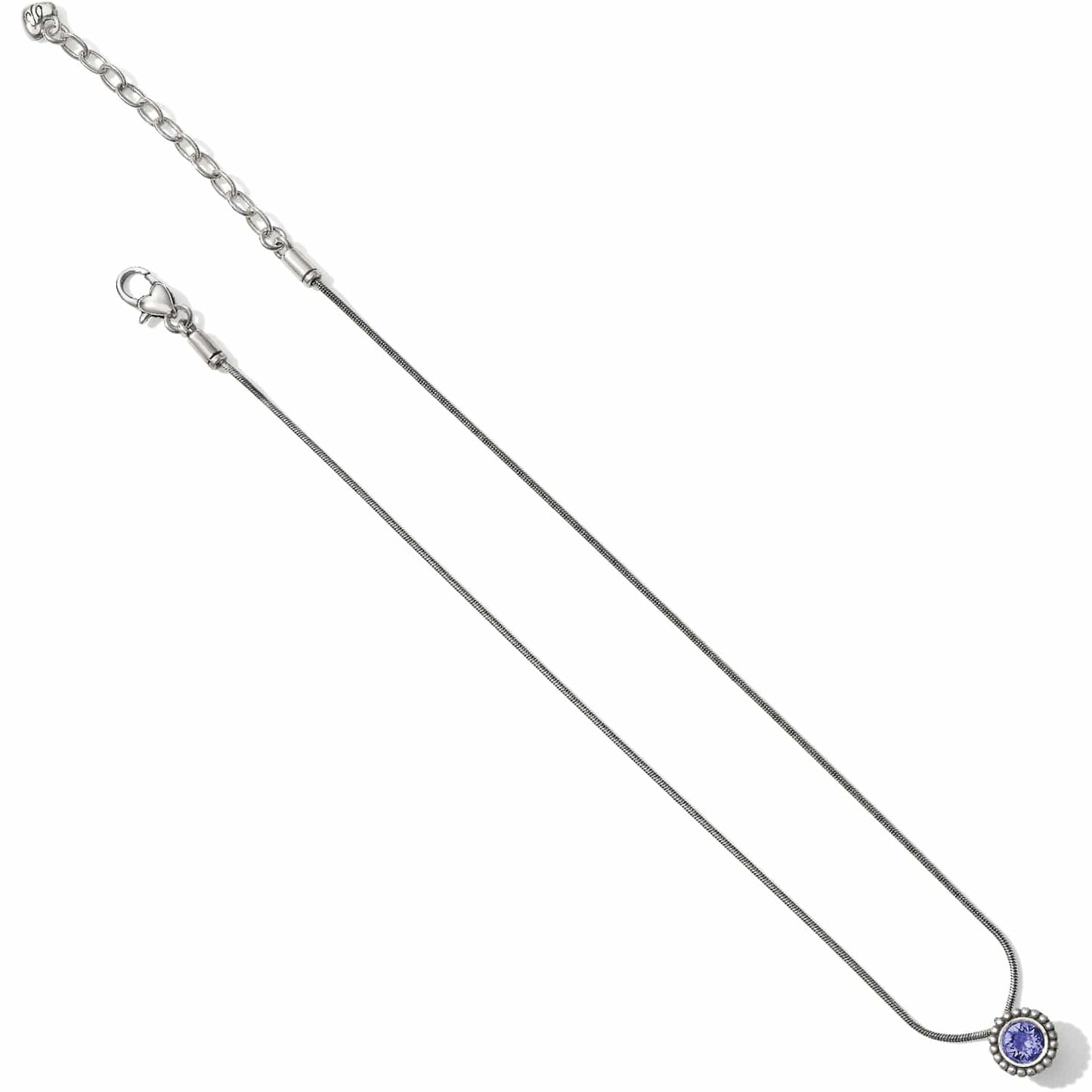 Brighton pendant necklace with purple crystal and silver-plated snake chain with lobster clasp on a white background